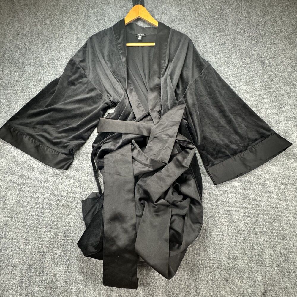 Jones New York Black Velvet Satin Wrap Robe Kimono Lounge Cover Up S/M